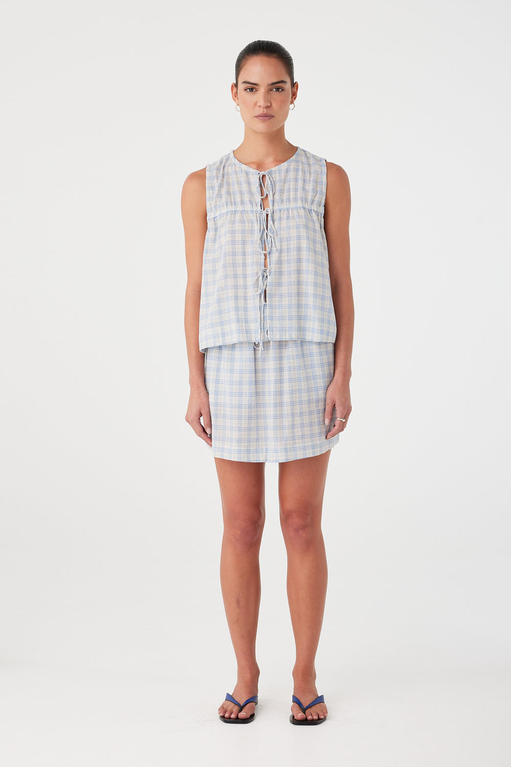Camille Tie Top - Powder Blue Check