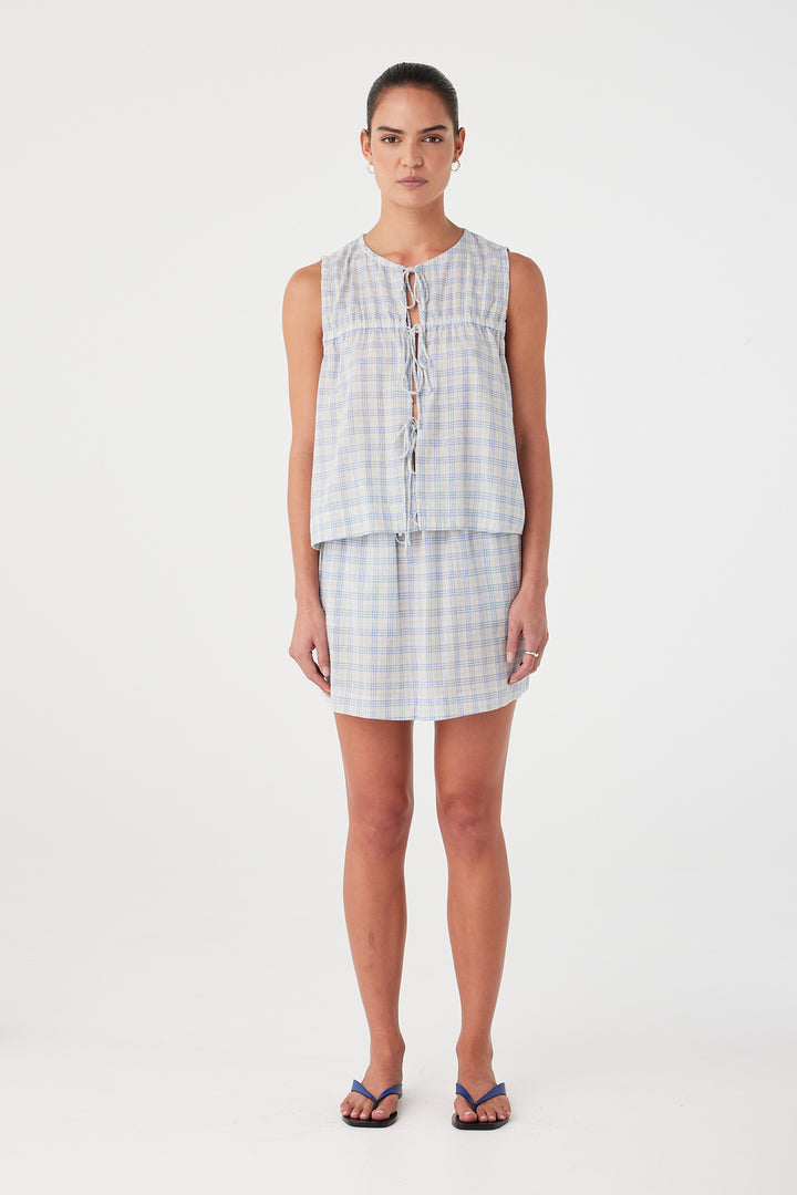 Camille Tie Top - Powder Blue Check
