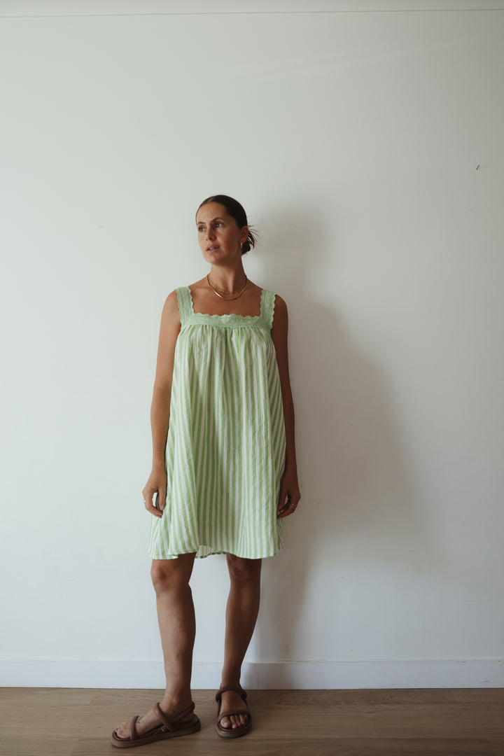 Juno Slip Mini Dress - Green Stripe PRE-SALE