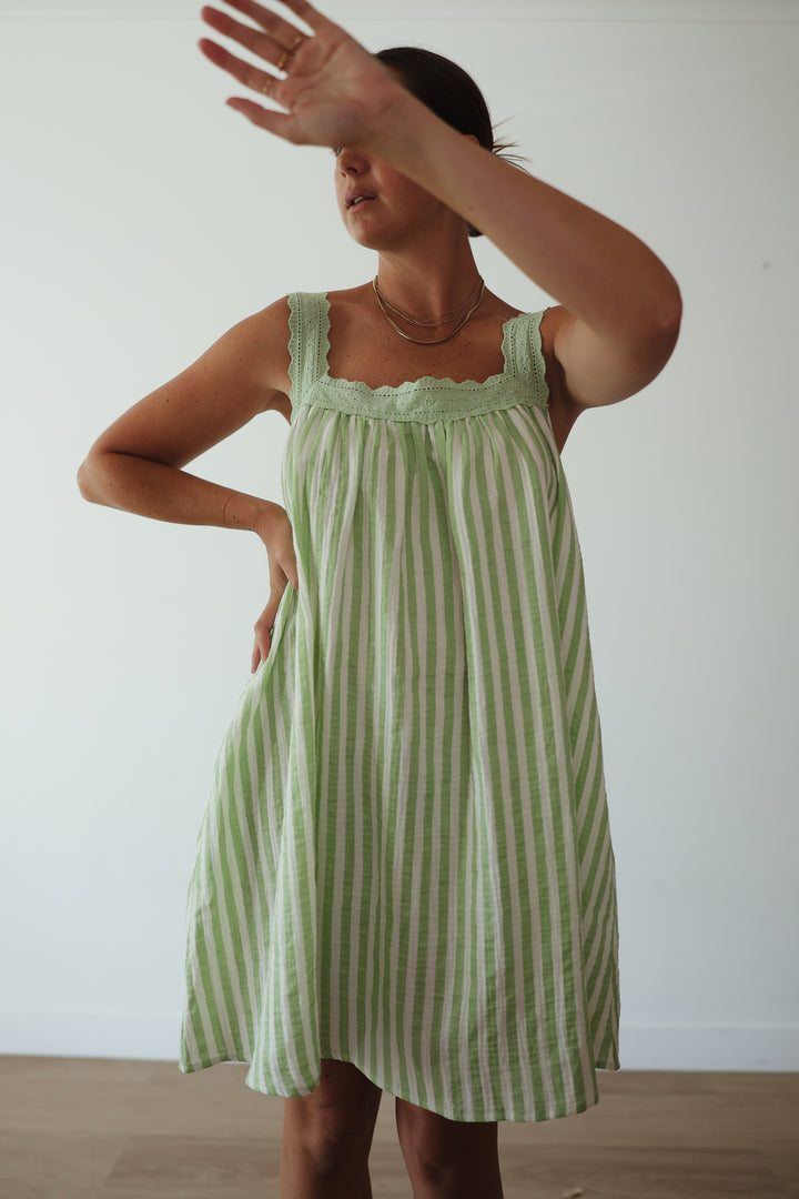 Juno Slip Mini Dress - Green Stripe PRE-SALE