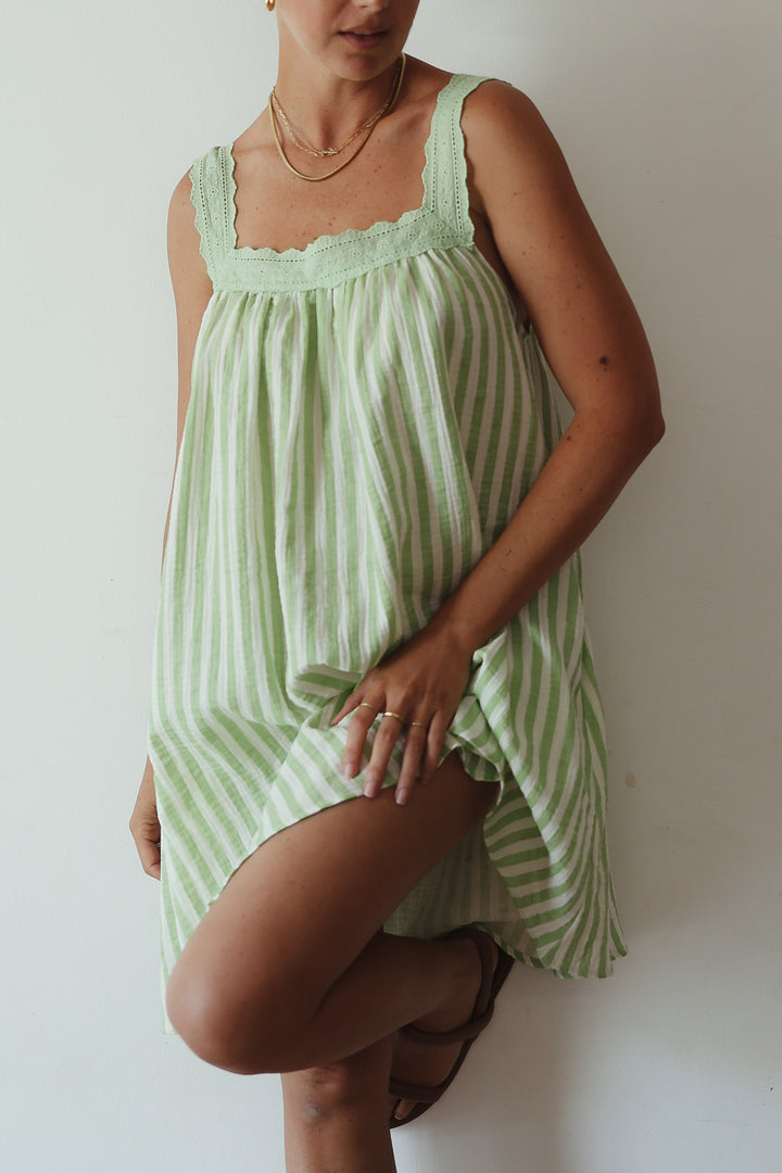 Juno Slip Mini Dress - Green Stripe PRE-SALE