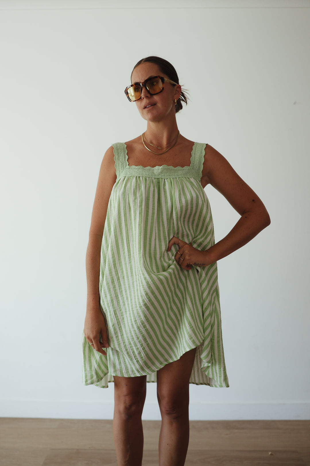 Juno Slip Mini Dress - Green Stripe PRE-SALE