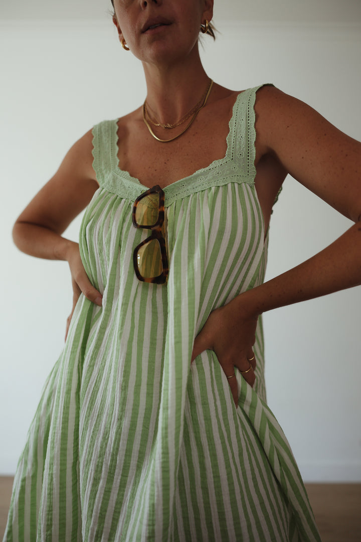 Juno Slip Mini Dress - Green Stripe PRE-SALE