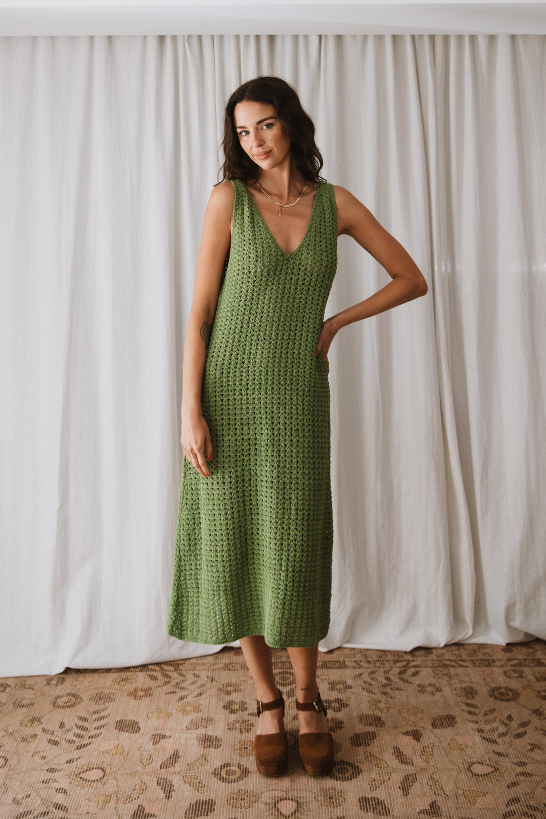 Maggie Crochet Midi Dress - Olive