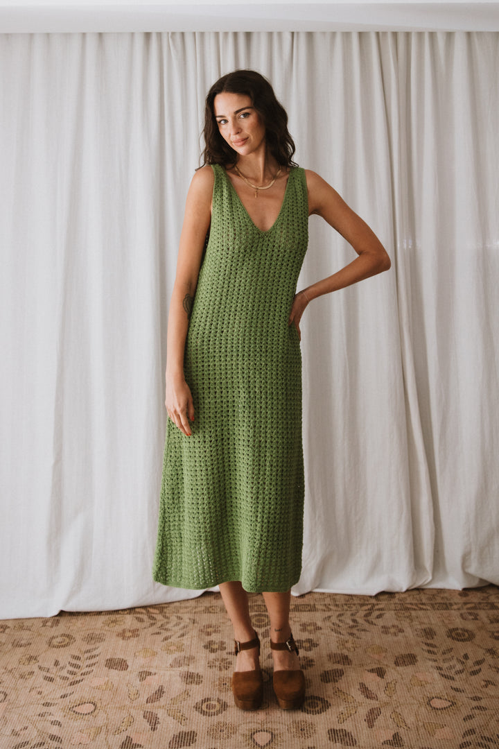 Maggie Crochet Midi Dress - Olive