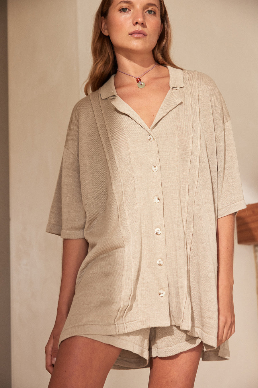 ARCAA DARCY SHIRT TAUPE Oversized shirt style, Open collar, Front pleat detail, Linen knit, Button down, Minimal waste knit construction, Soft 