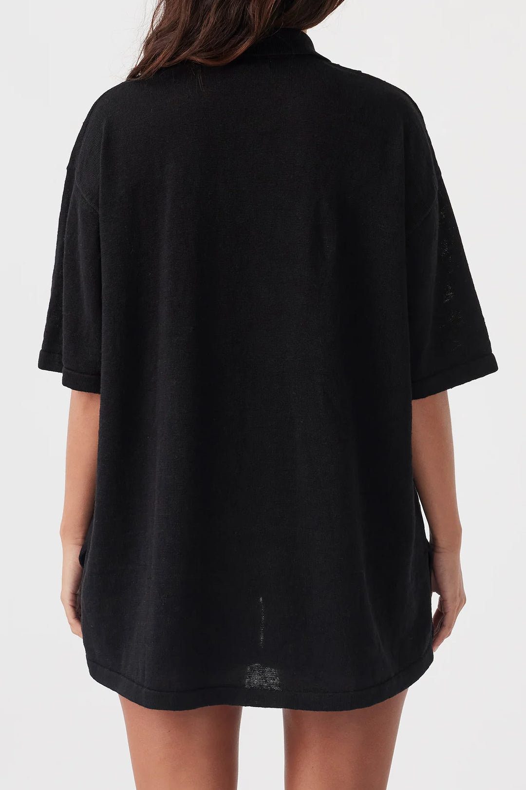 darcy shirt black, Oversized shirt style, Open collar, Front pleat detail, Linen knit, Button down, Minimal waste knit construction, Soft 