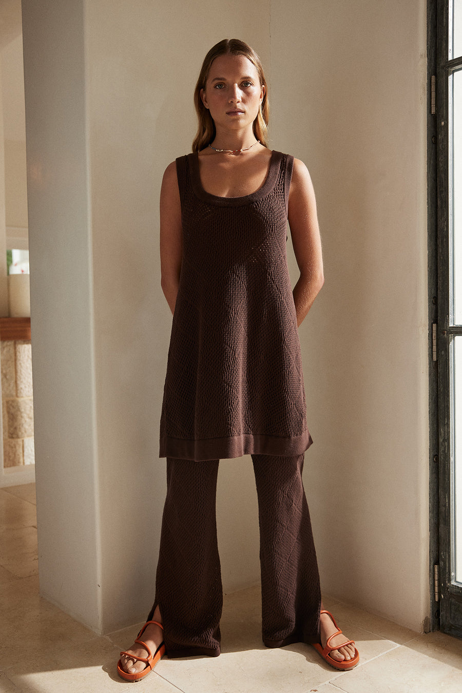 ezra pant, Full length, Wide leg, Side split, Open knit design, Elastic waist