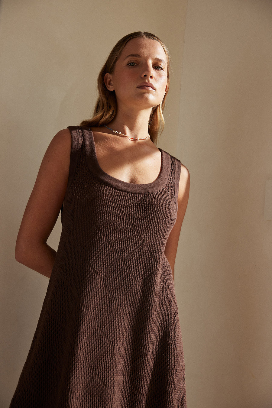 ezrra mini, Mini dress length, Open knit design, Square neckline