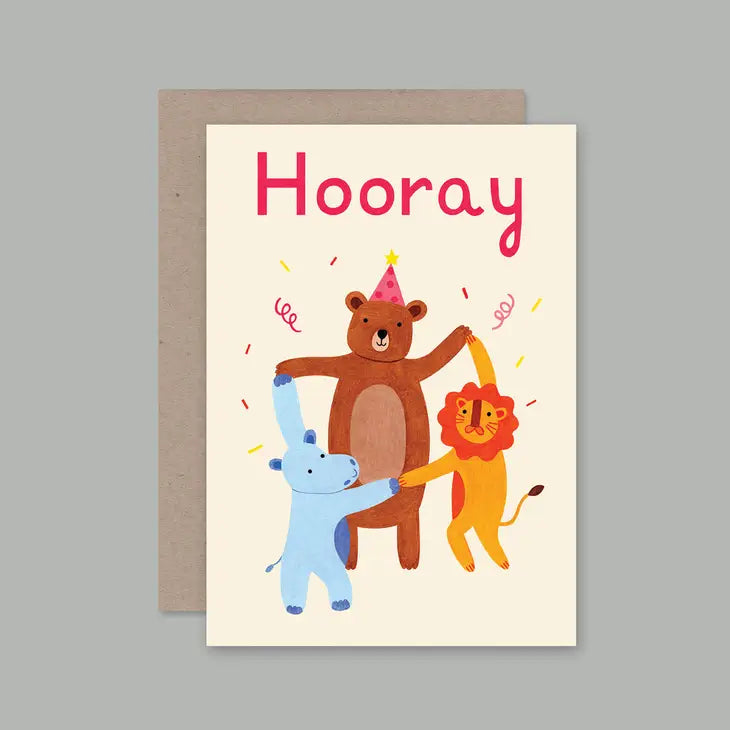 Greeting card with a colorful front design featuring a cartoon bear and a lion, with the word 'Hooray' written at the top.