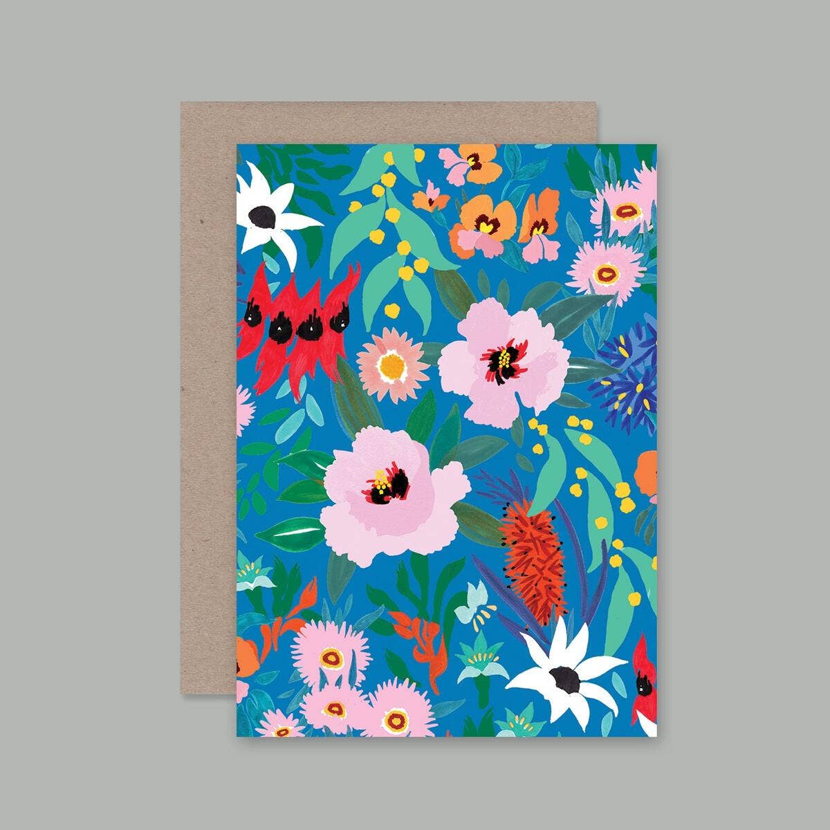 A greeting card with a colorful floral pattern, including various flowers.