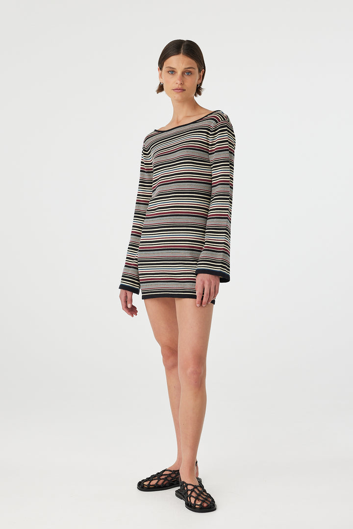 Alya Long Sleeve Mini Dress - Merlot Multi Stripe