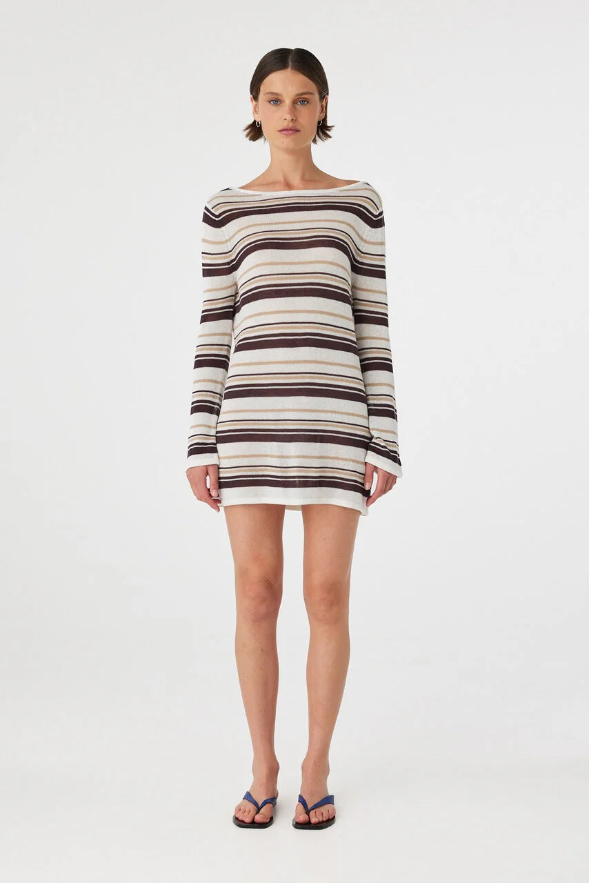 Nia Long Sleeve Mini Dress - Cream Choc Stripe