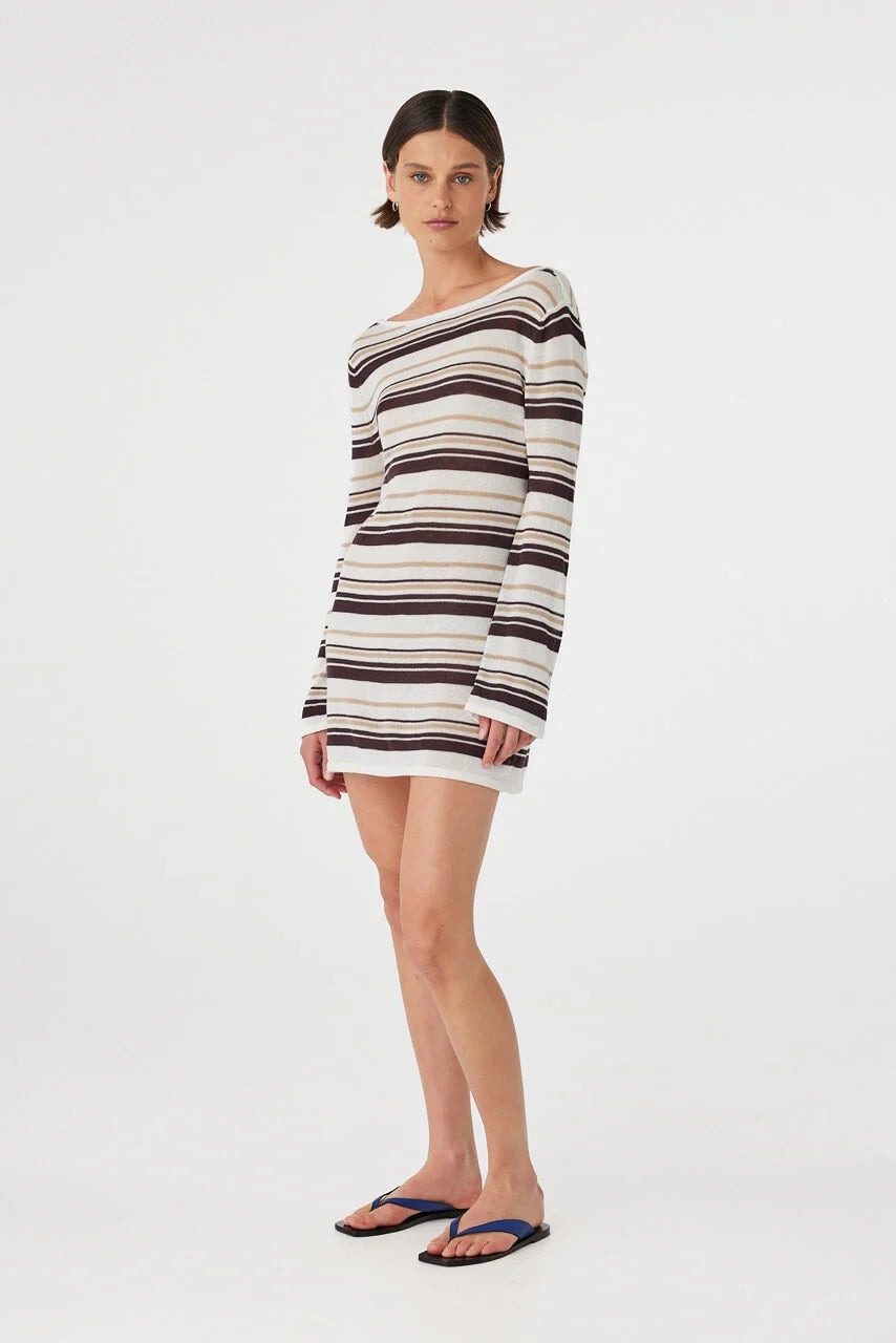 Nia Long Sleeve Mini Dress - Cream Choc Stripe