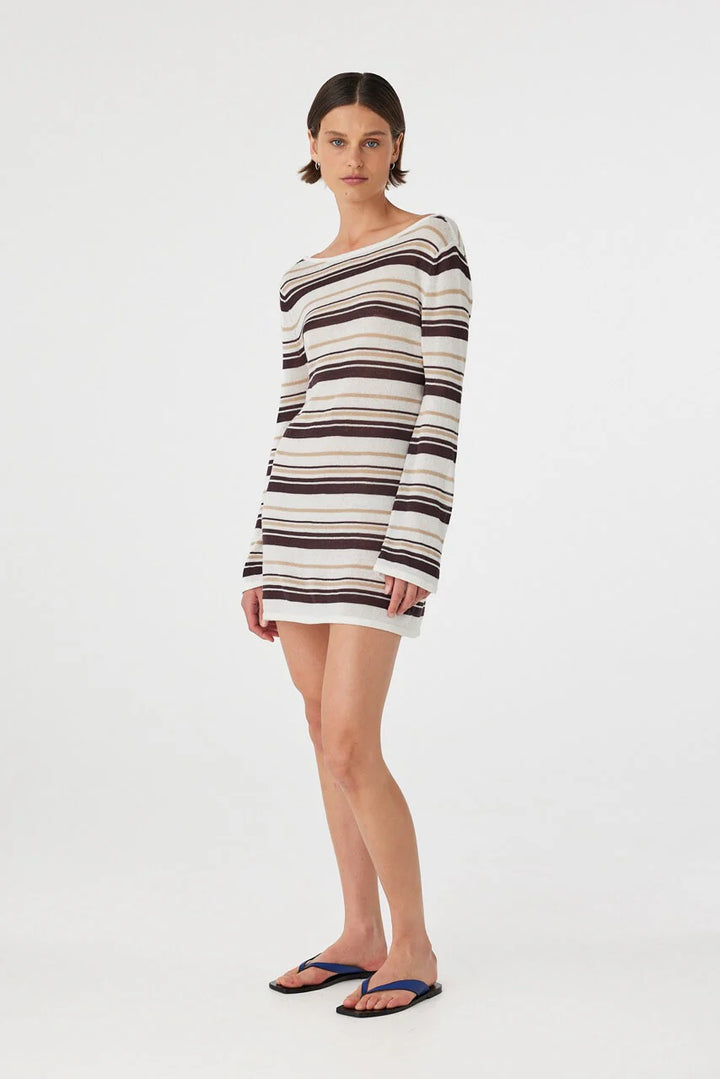 Nia Long Sleeve Mini Dress - Cream Choc Stripe