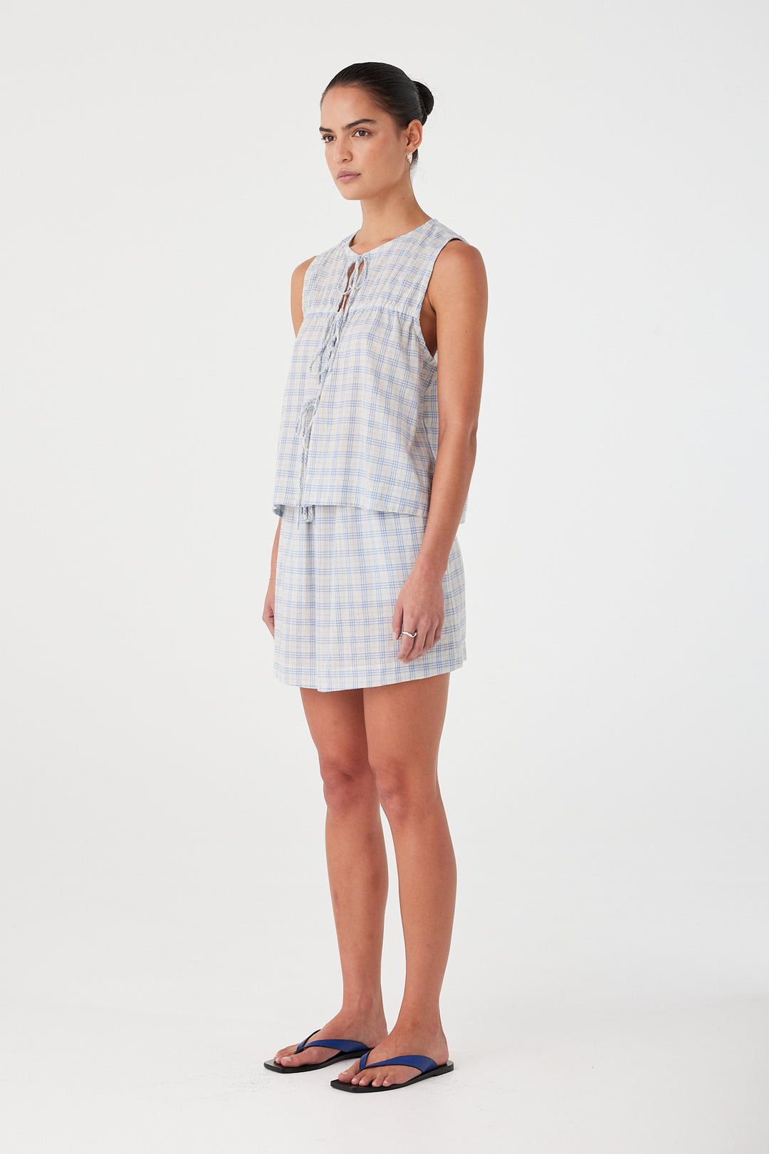 Camille Tie Top - Powder Blue Check