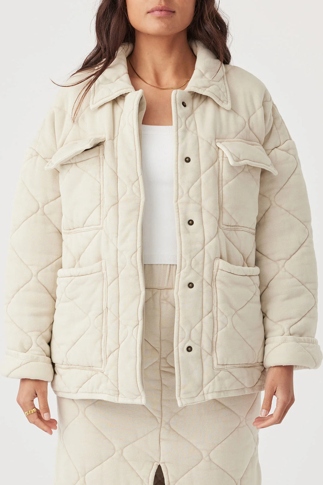 Arcaa SIA JACKET Sand, Quilted cotton jersey, Slouchy fit, Pop button fastening, Front pockets detail, Oversized fit