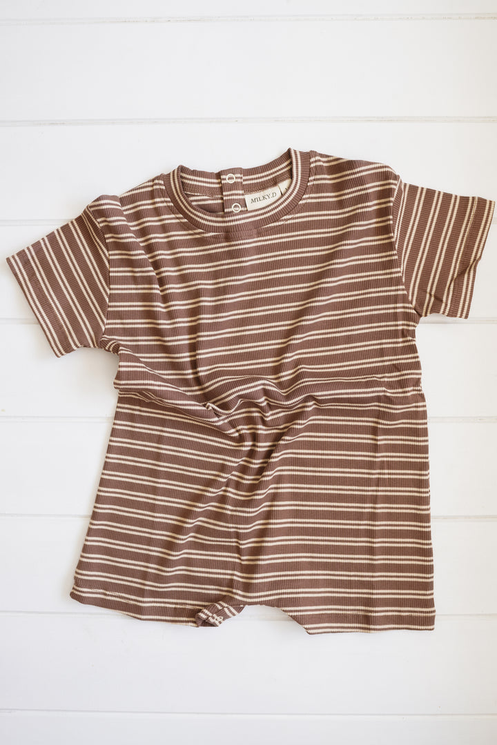 Rib Romper - Choc Stripe