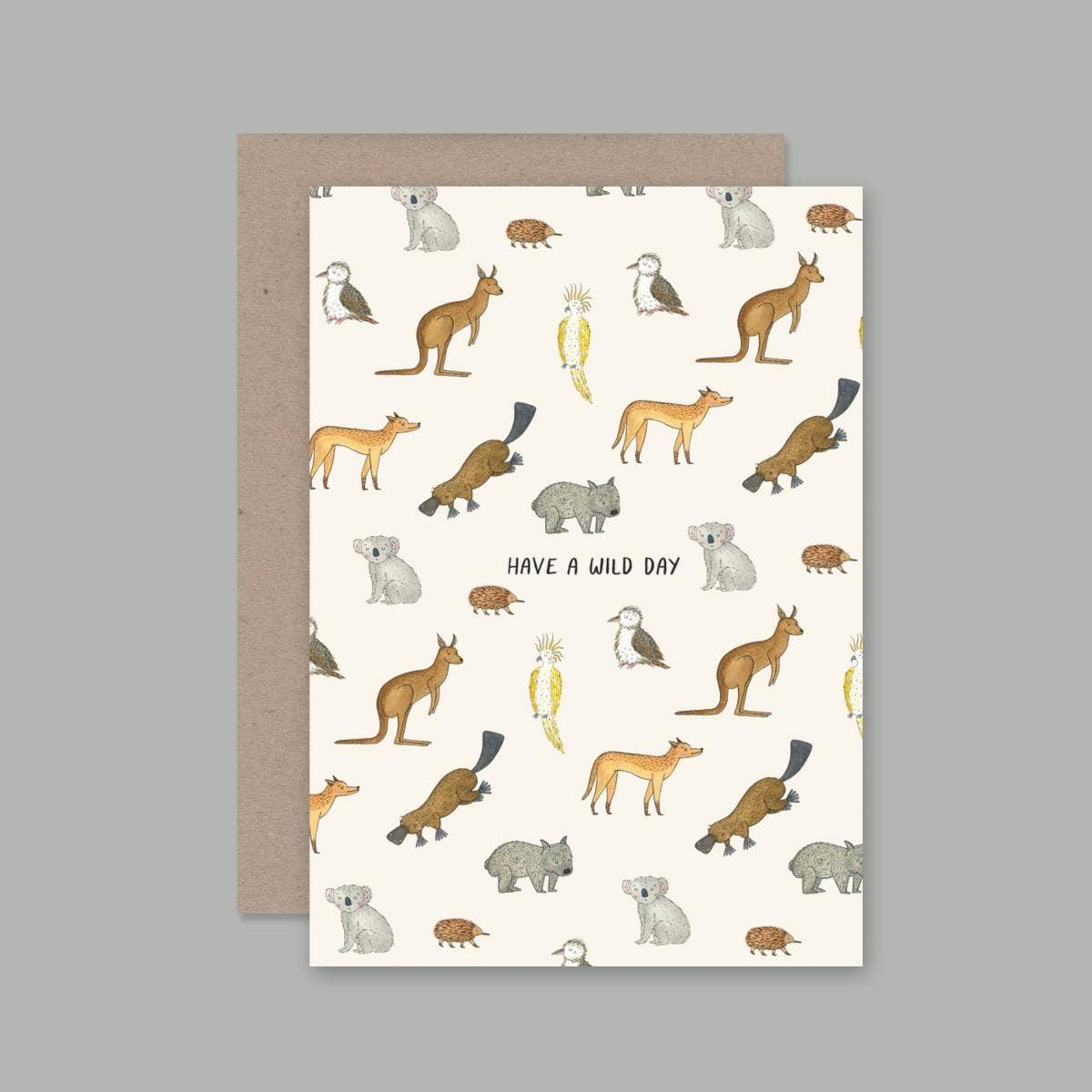 Greeting card with a wild animal pattern including various species such as foxes, birds, and rabbits, with a have a wild day text on the front.