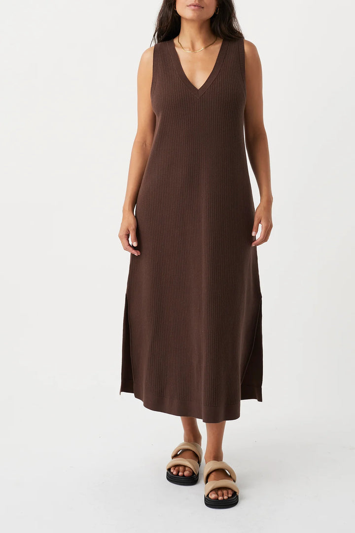 Clara dress, chocolate brown,  neckline, Sleeveless, Full length, Side splits
