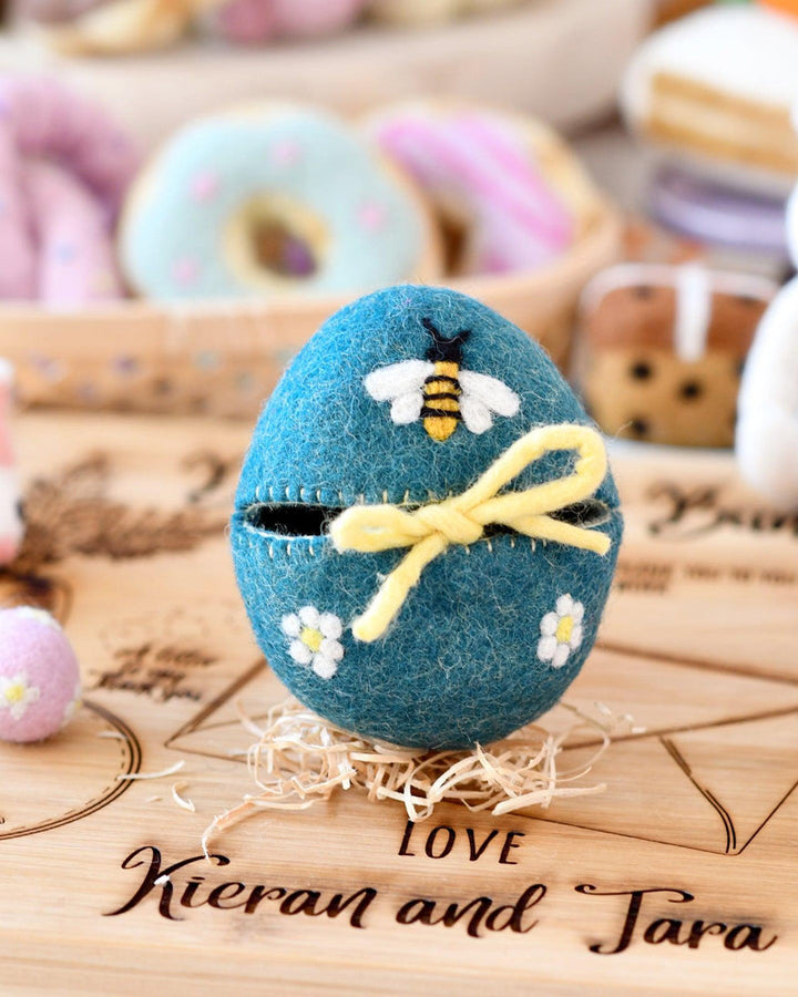 Felt Egg Cover - Blue With Bee Motif