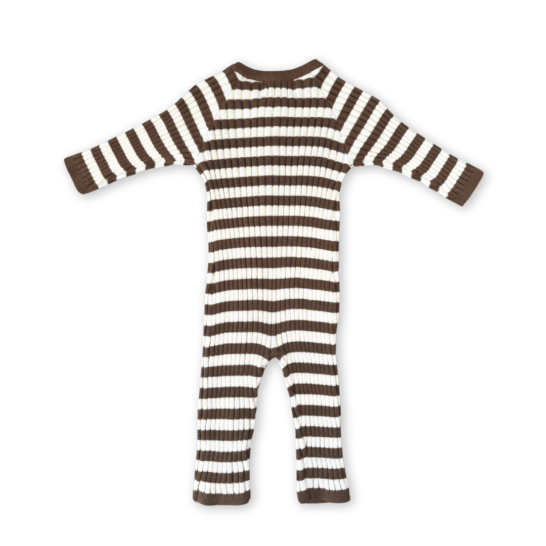 Organic Rib Stripe Knit Zipper Jumpsuit - Espresso & Milk - PRE-SALE