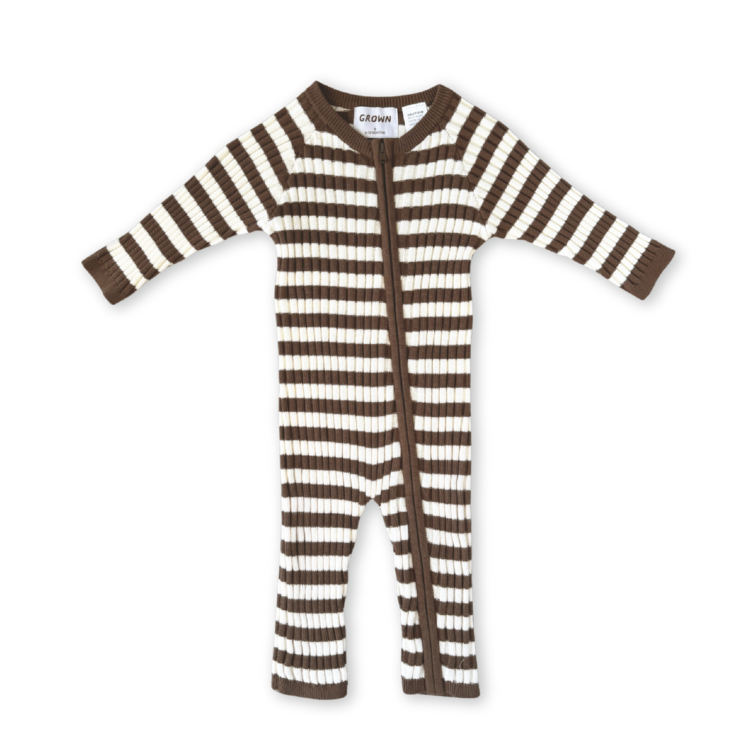 Organic Rib Stripe Knit Zipper Jumpsuit - Espresso & Milk - PRE-SALE
