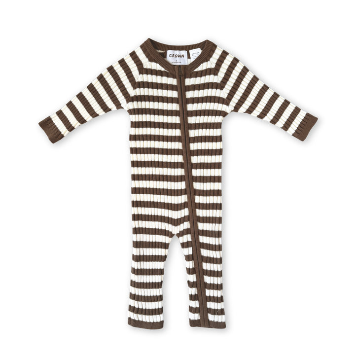 Organic Rib Stripe Knit Zipper Jumpsuit - Espresso & Milk - PRE-SALE