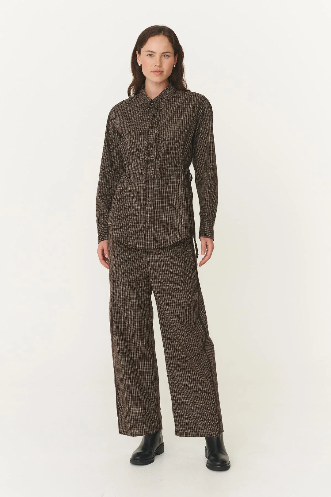 Frankie Tie Long Sleeve Shirt - Cacao Check