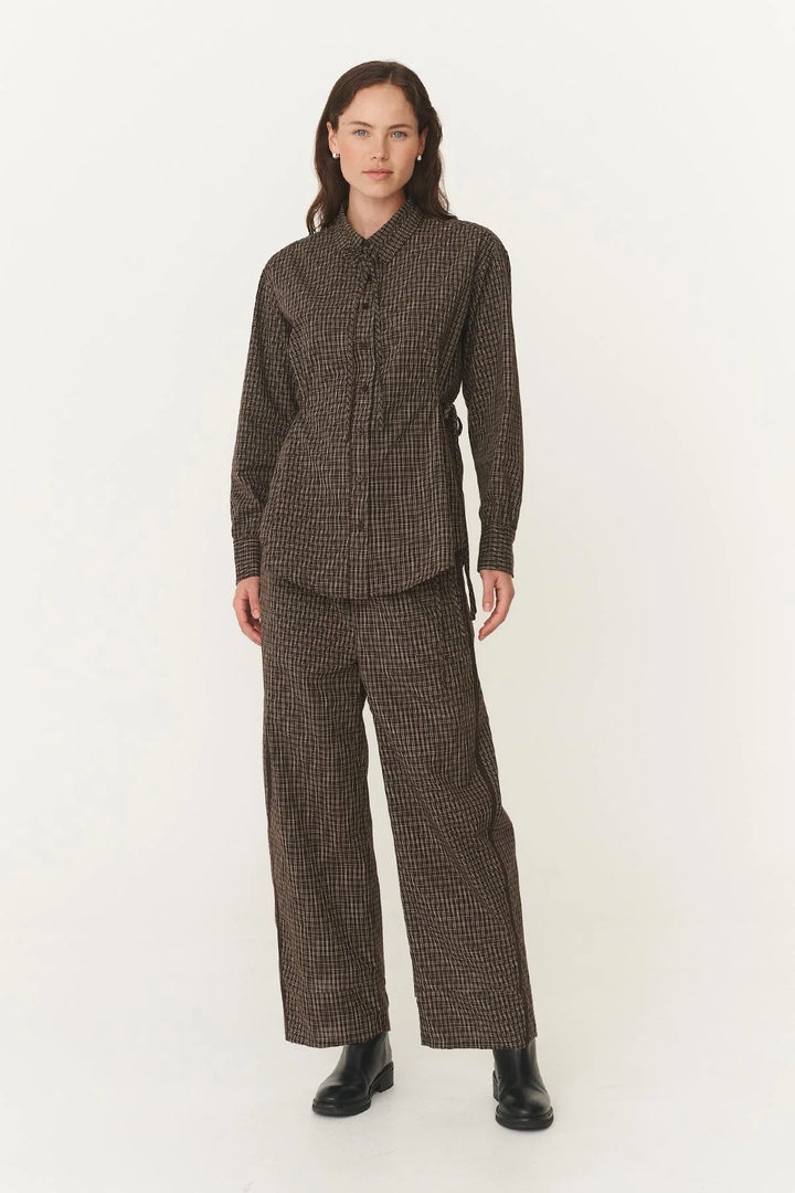 Frankie Tie Long Sleeve Shirt - Cacao Check
