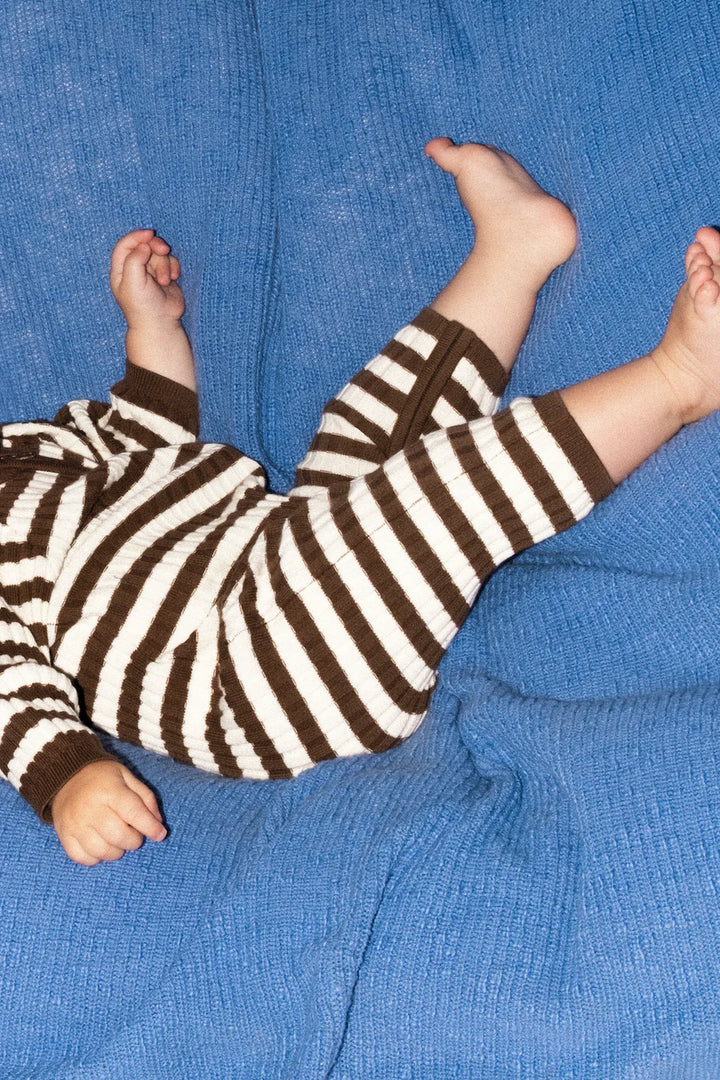 Organic Rib Stripe Knit Zipper Jumpsuit - Espresso & Milk - PRE-SALE