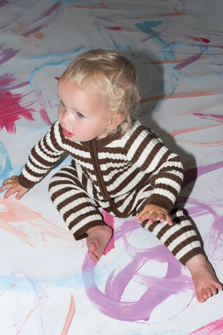 Organic Rib Stripe Knit Zipper Jumpsuit - Espresso & Milk - PRE-SALE