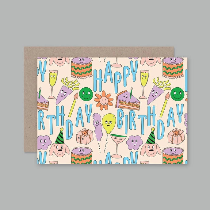 A colorful birthday card with a 'Happy Birthday' message, featuring illustrations of animals, a cake, and party-related items on a beige background.