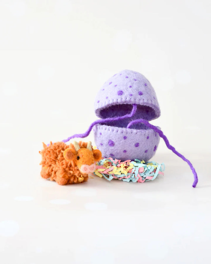 Felt Purple Surprise Egg with Highland Cow Toy Inside