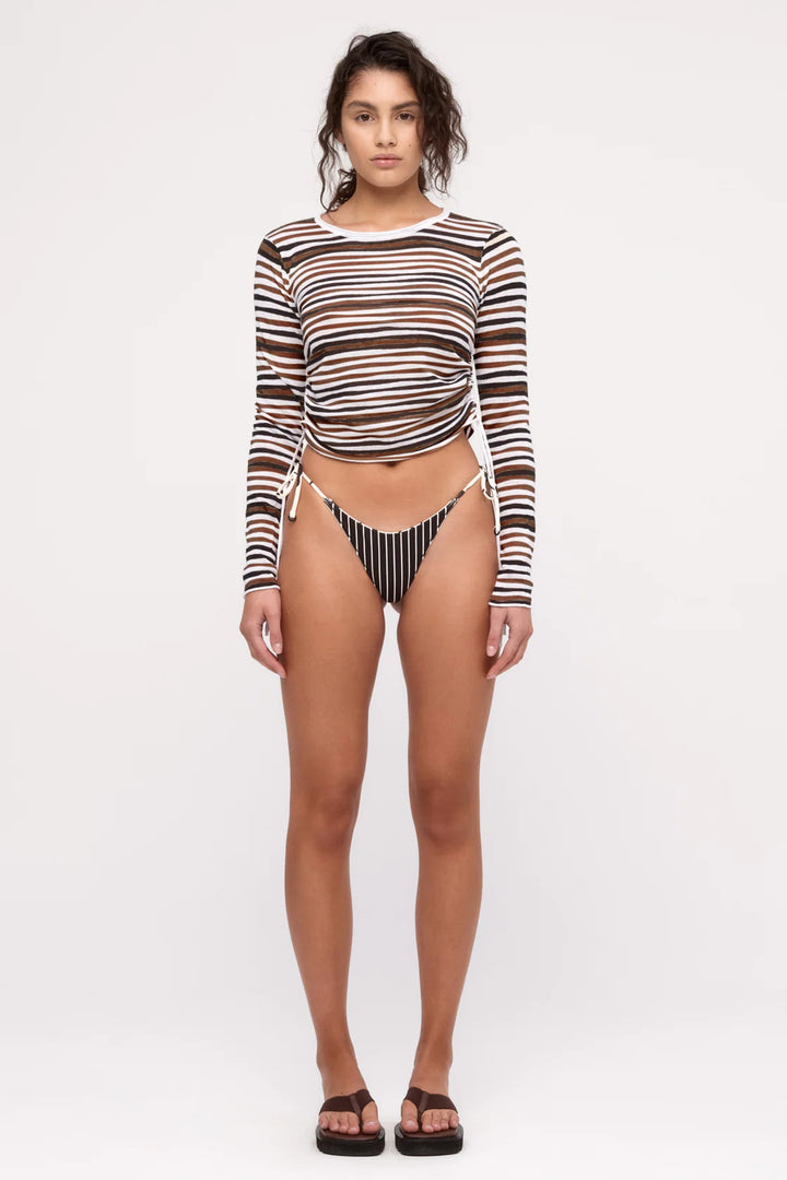 Gathered Long Sleeve Knit Top - Black Stripe