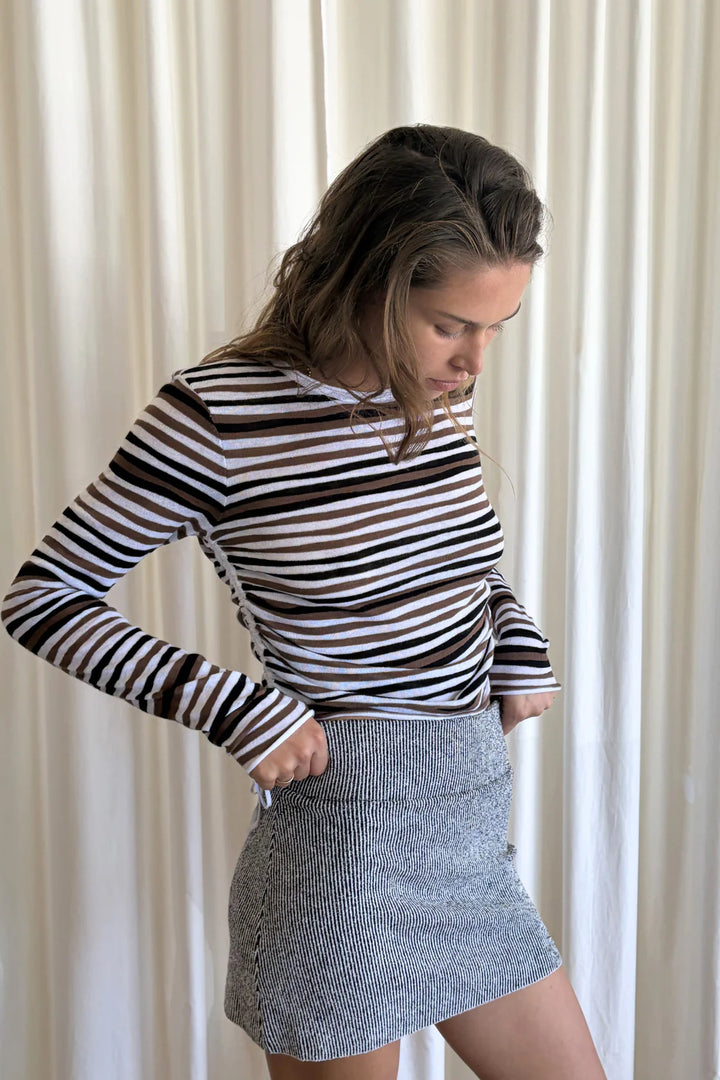Gathered Long Sleeve Knit Top - Black Stripe