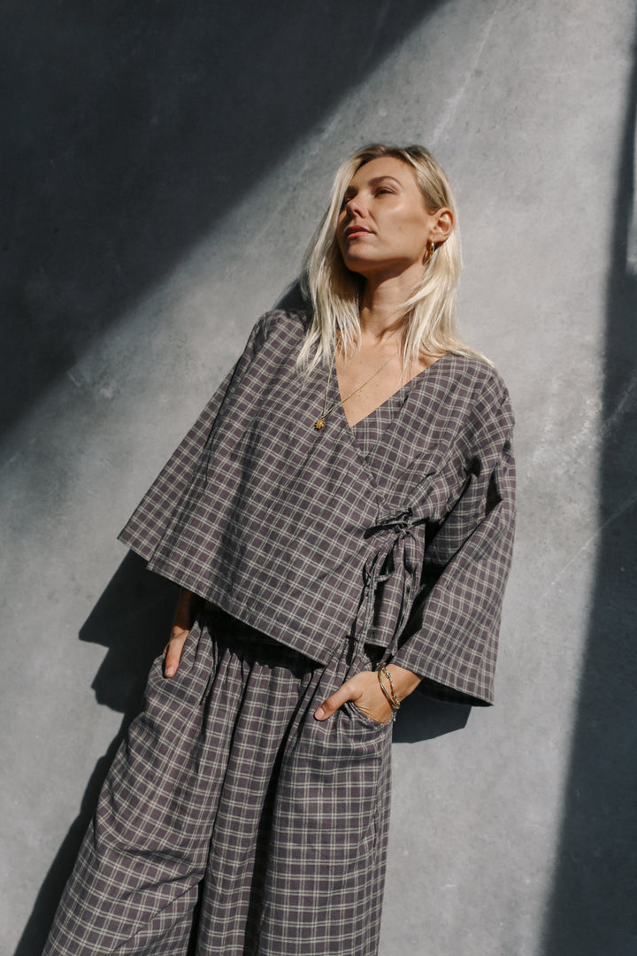 Mia Wrap Top - Maple Gingham