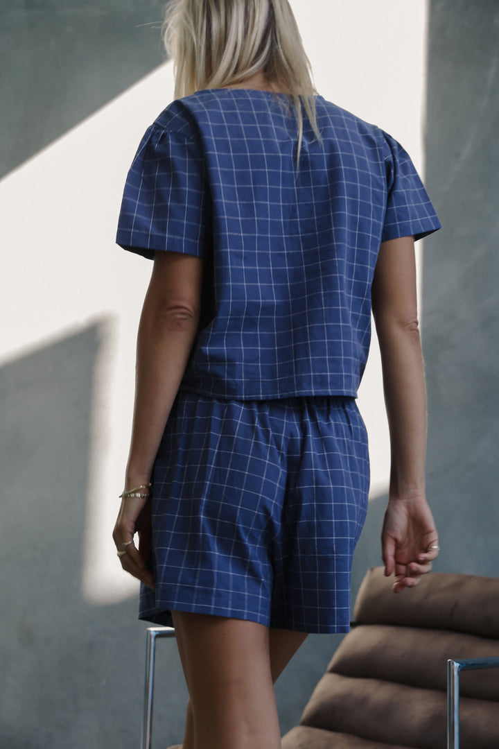 Hana Tie Blouse - Indigo Plaid