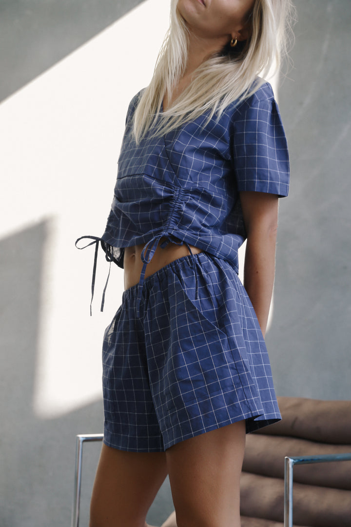 Hana Tie Blouse - Indigo Plaid