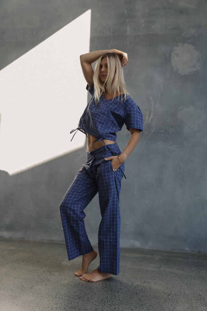 Hana Tie Blouse - Indigo Plaid
