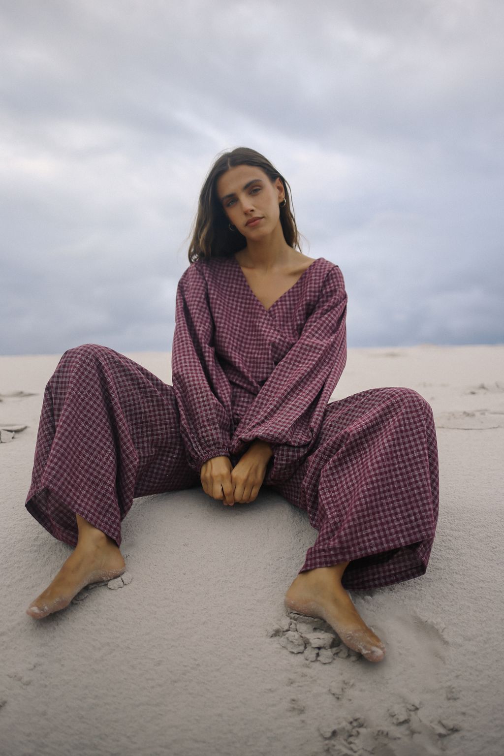 Ella Wrap Top - Fig Hemp Check