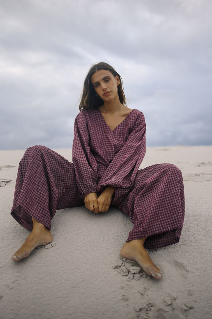 Ella Wrap Top - Fig Hemp Check