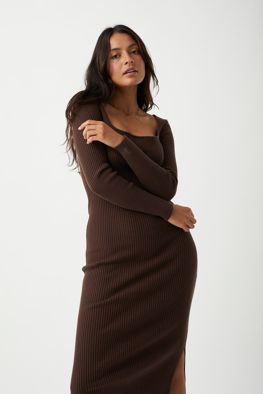 Evening dress, ribbed knit, brown, arcaa, mid length