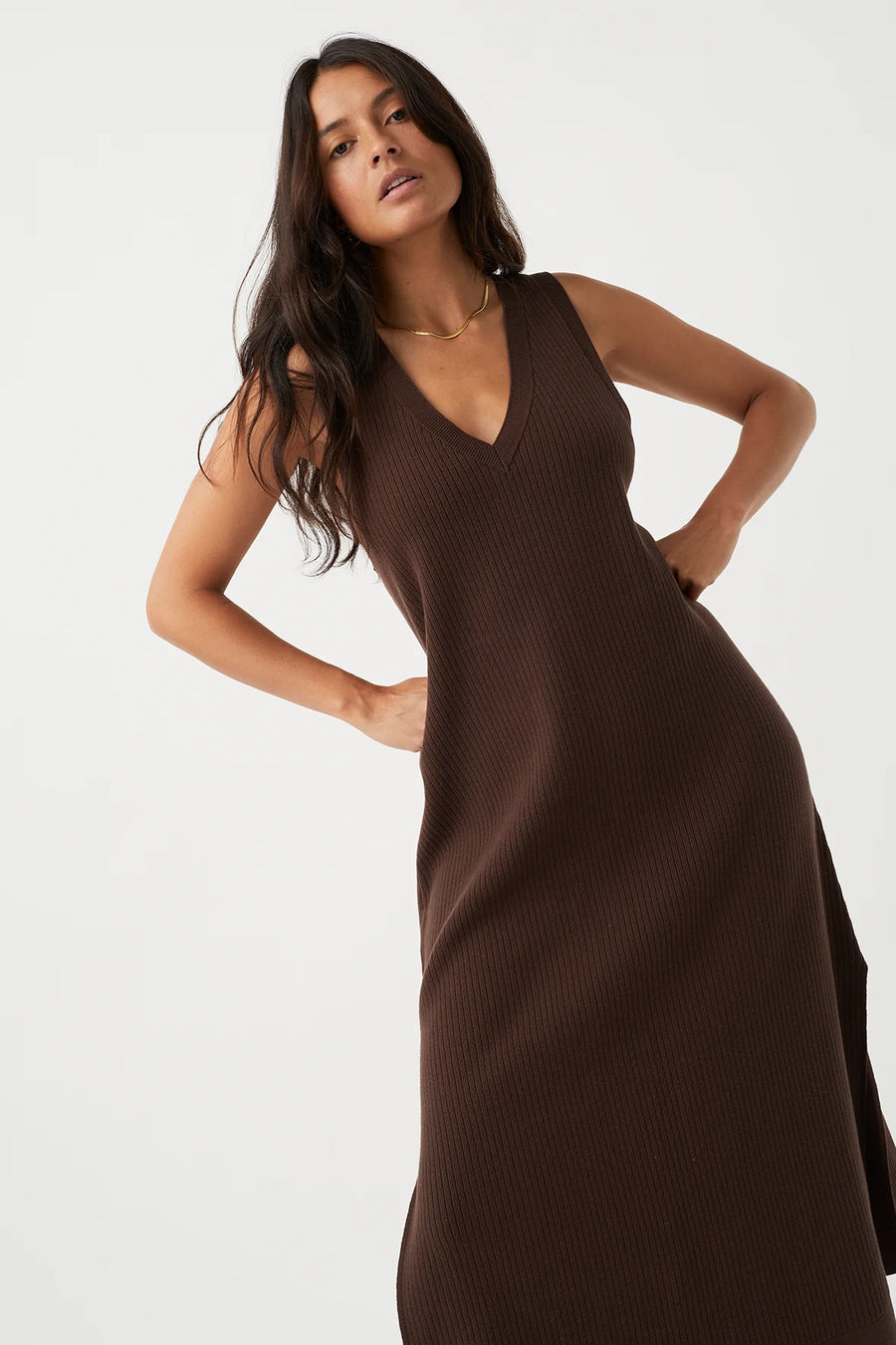 Clara dress, chocolate brown,  neckline, Sleeveless, Full length, Side splits