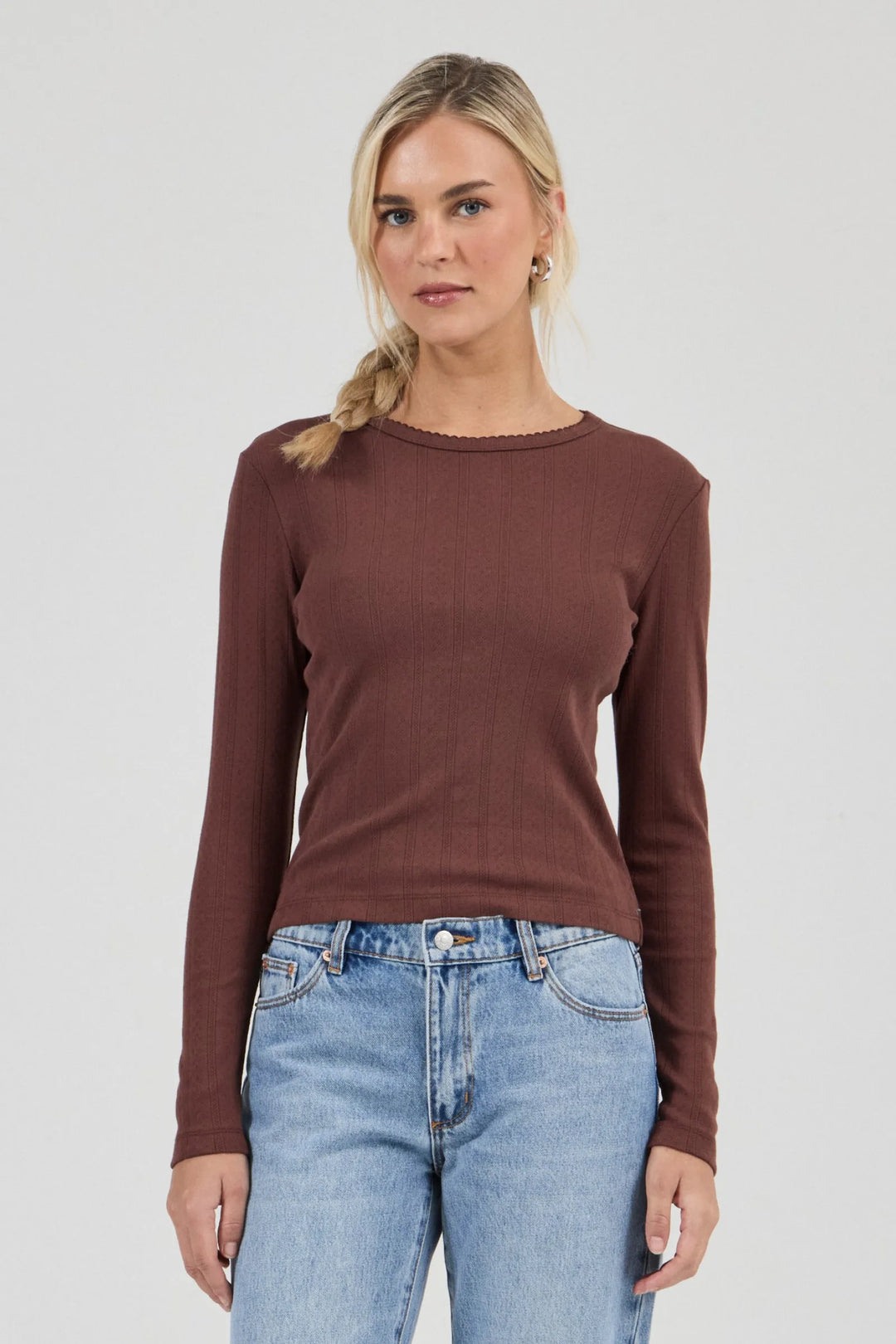 Pointelle Classic Long Sleeve Top - Chocolate