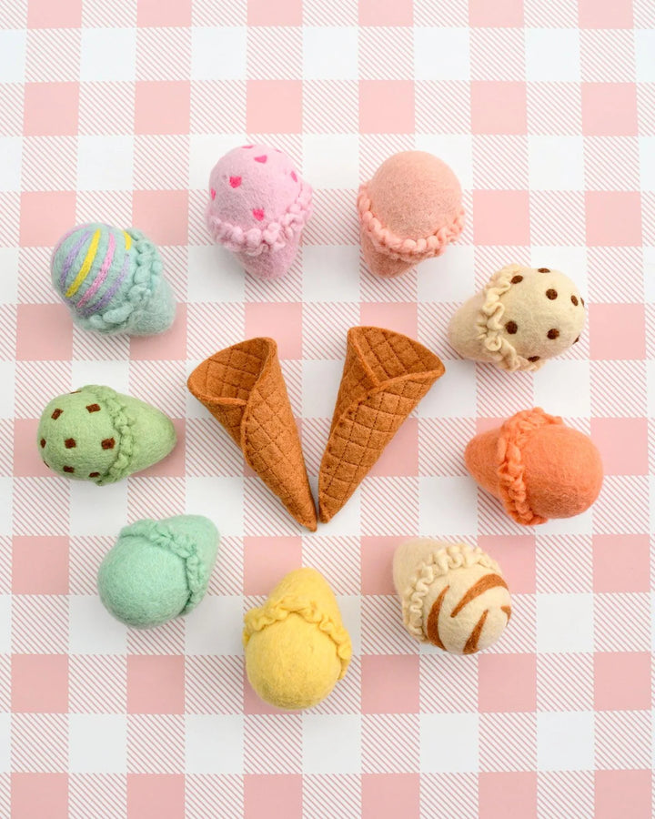 Felt Ice Cream Set - Waffle Cones and 9 Ice Cream Scoops