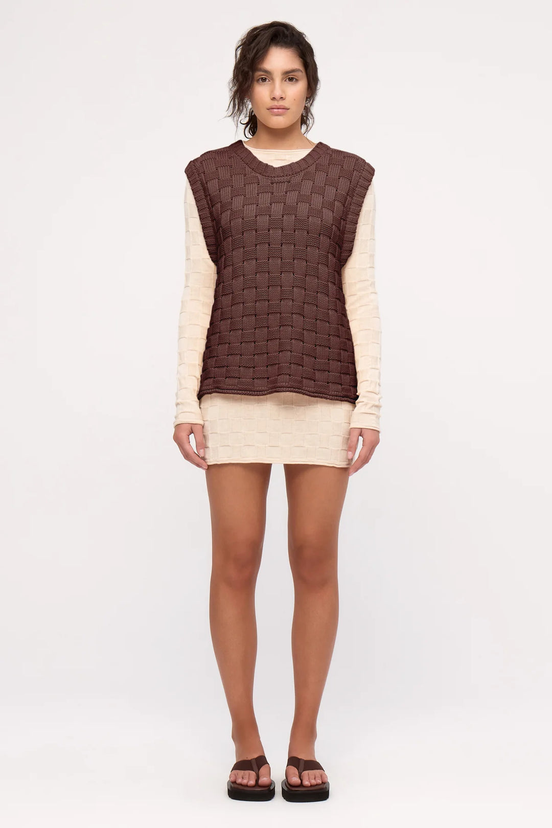 Basketweave Knit Vest - Deep Brown