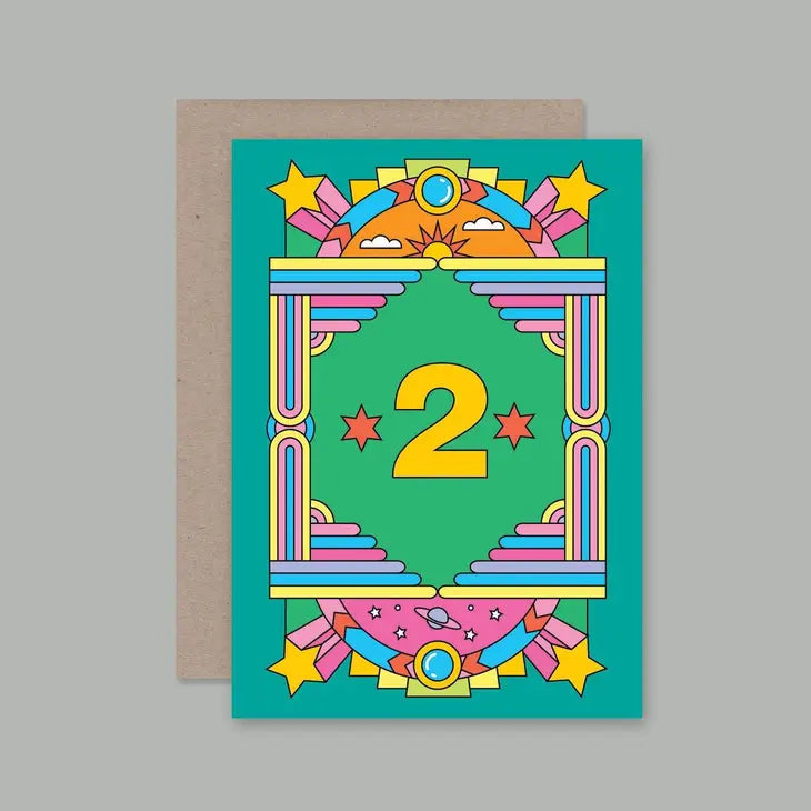 A colorful greeting card with a large number 2 in the center, surrounded by a decorative, geometric pattern.