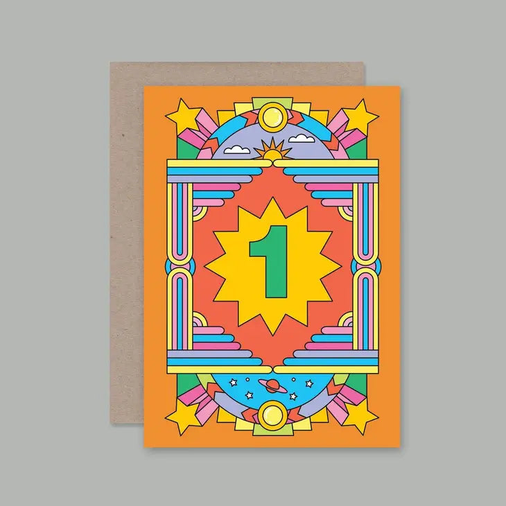 A colorful greeting card with a geometric design, featuring a large sun with rays, a moon, and stars, with the number 1 in the center. The card is presented against a neutral background.