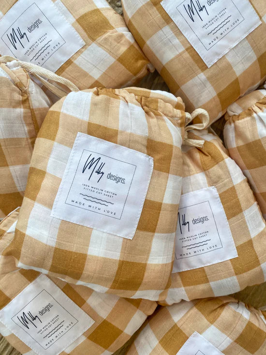 Toffee Gingham Cot Sheet - 100% Organic Muslin Cotton